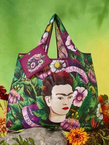 Frida Kahlo X SHEIN 1 pieza Bolsa de la compra plegable de poliéster con impresión de personaje de artista, bolso de mano, equipada con una pequeña bolsa de almacenamiento con una cadena de cuentas, se puede colgar en un bolso, Florecer, Flor, Artístico, Elegante