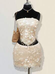 SHEIN ICON U型腰超低腰亮片贝壳流苏裙 - 杏色 - 查看 1