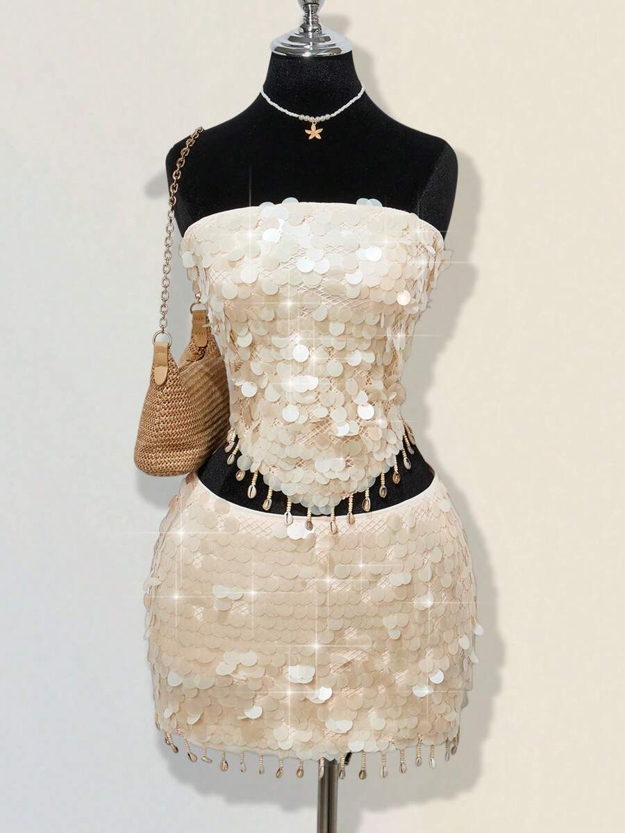 SHEIN ICON U型腰超低腰亮片贝壳流苏裙 - 杏色 - 查看 1