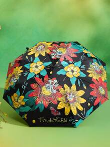 Frida Kahlo X SHEIN 1 pieza Paraguas con estampado floral de artista, con recubrimiento adhesivo negro antisolarde talla grande de 50 de protección UV, apto para la escuela, el trabajo, salir y uso diario, diseñado para estudiantes universitarios, estudiantes de secundaria y mujeres, floral, artístico, elegante