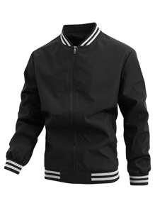 Manfinity Homme Jaqueta Casual de Beisebol com Zíper e Manga Longa Listrada, Plus Size, Outono - Preto - Visão 1