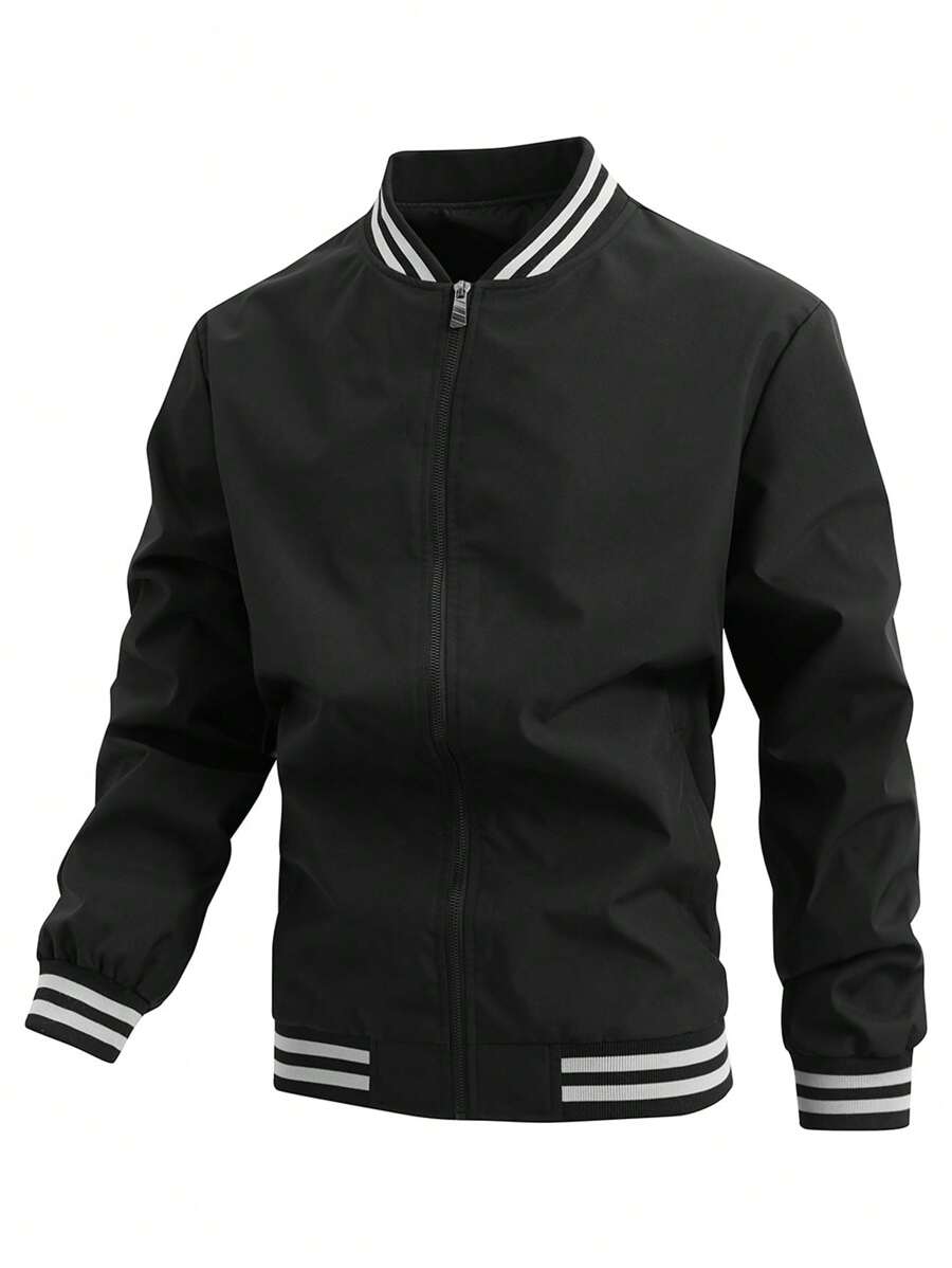 Manfinity Homme Jaqueta Casual de Beisebol com Zíper e Manga Longa Listrada, Plus Size, Outono - Preto - Visão 1