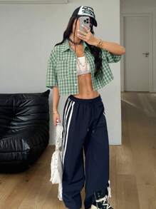 Coolane 女式春夏复古学院风短款格子宽松短款上衣新年红色衬衫 - 綠色 - 查看 3