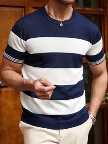 Manfinity CityGents Suéter de cuello redondo de manga corta casual de punto a rayas para hombre