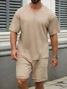 Manfinity Homme 男士夏季休闲纯色短袖T恤和短裤套装