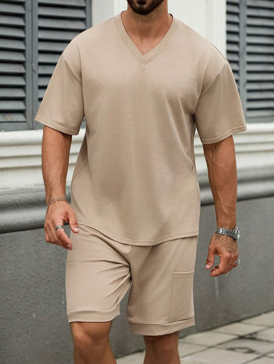 Manfinity Homme 男士夏季休闲纯色短袖T恤和短裤套装