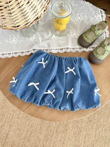 SHEIN Young Girl Denim Ruffled Mini Skirt With White Ribbon Bow, Spring And Summer Casual Vacation - Light Wash - View 7