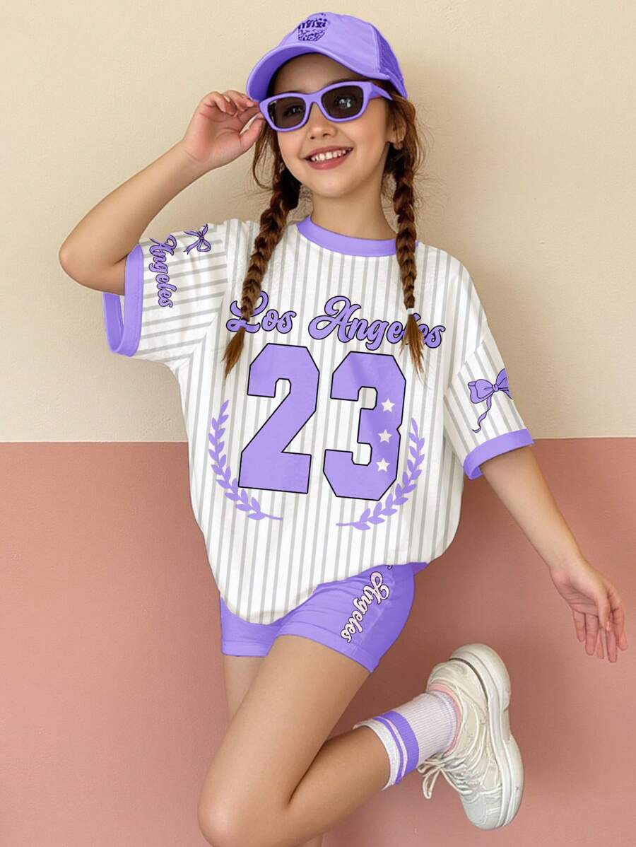 SHEIN Leap Crew 2 件套青少年女孩休闲简约短袖 T 恤和短裤套装,适合夏季 - 彩色 - 查看 1