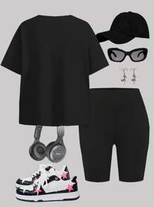 2 pièces/Ensemble T-shirt à manches courtes ample et confortable et leggings pour filles ados, été