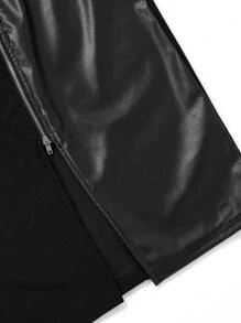 Ellevyn Elegant Women's Black Short Sleeved Patchwork PU Leather In Winter Zip Up Split Thigh Bodycon Dress,Summer Dresses For Women
