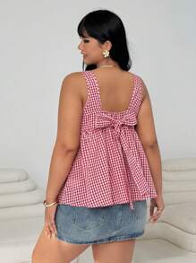 Solflare Plus Size Plaid Shirt With Bowknot Back Decor, Suitable For Daily Wear, Outings, Dates, Casual