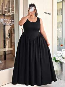 SHEIN CURVE+ 加大码黑色无袖超长摆礼服、毕业礼服、女士夏季连衣裙、超长连衣裙 - 黑色 - 查看 4