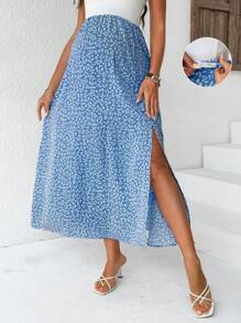 SHEIN 孕妇装碎花印花侧开衩可调节腰带度假裙