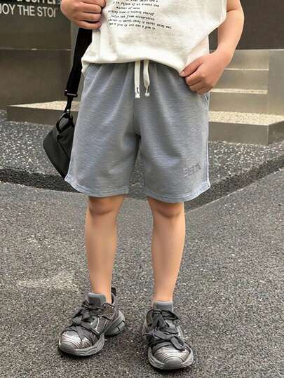 Plus Size Kids Boys New Energetic Letter Embroidery Loose Shorts, Soft Comfortable Fabric, Perfect For Casual Daily Wear, Parties, School, Sports, Concerts, Vacations In Summer
