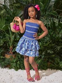 Tween Girls' Casual Vacation Blue & White Printed Layered Ruffle Hem Dress - Blue and White - View 1