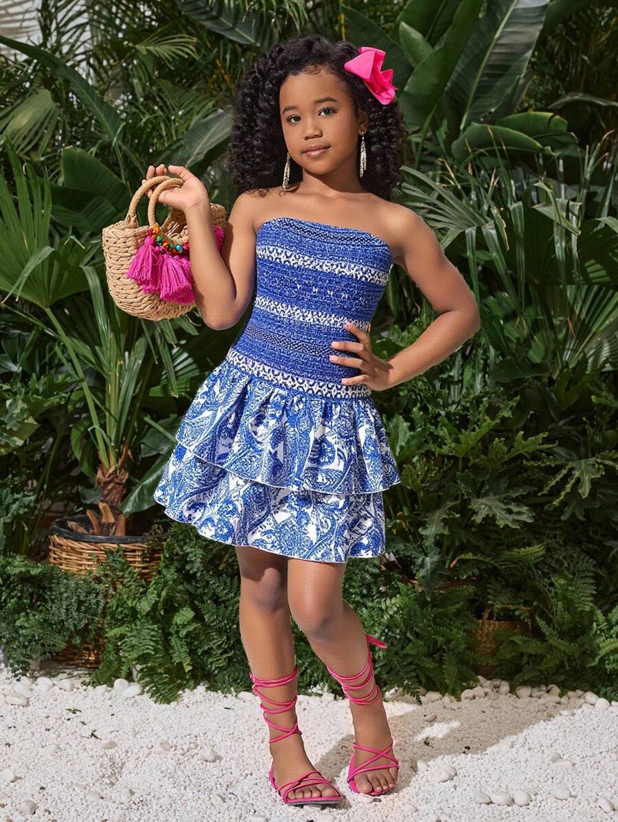 Tween Girls' Casual Vacation Blue & White Printed Layered Ruffle Hem Dress - Blue and White - View 1