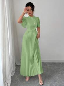 Elenzga Vestido midi elegante de mujer corte evasé con mangas cortas y volantes
