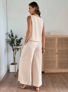 EMERY ROSE Women Solid Color Round Neck Short Sleeve Top And Flower Print Wide Leg Pants Set For Summer Two Pieces Outfits - Khaki - View 2