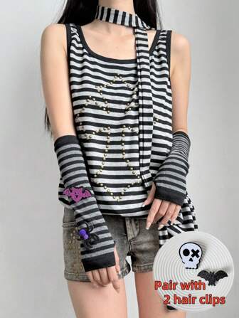 Goth 1 par de calentadores de brazo a rayas para mujer estilo Y2K, mangas cortas subcultura