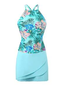 Swim Lushoire 1 pieza Vestido de playa informal de vacaciones con estampado floral azul tipo tankini