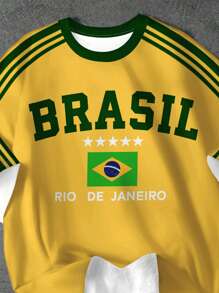 SHEIN Teen Girls' Casual Fashion Classic Chic Brazil Flag Pattern Knit Oversized T-Shirt, Suitable For Summer