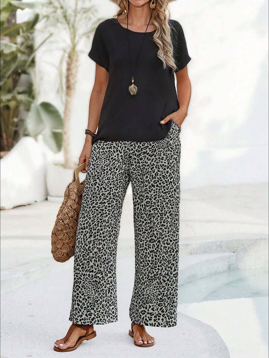 EMERY ROSE 2pcs/Set Women Casual Solid Color Shirt And Leopard Print Pants Suit For Vacation - Multicolor - View 1