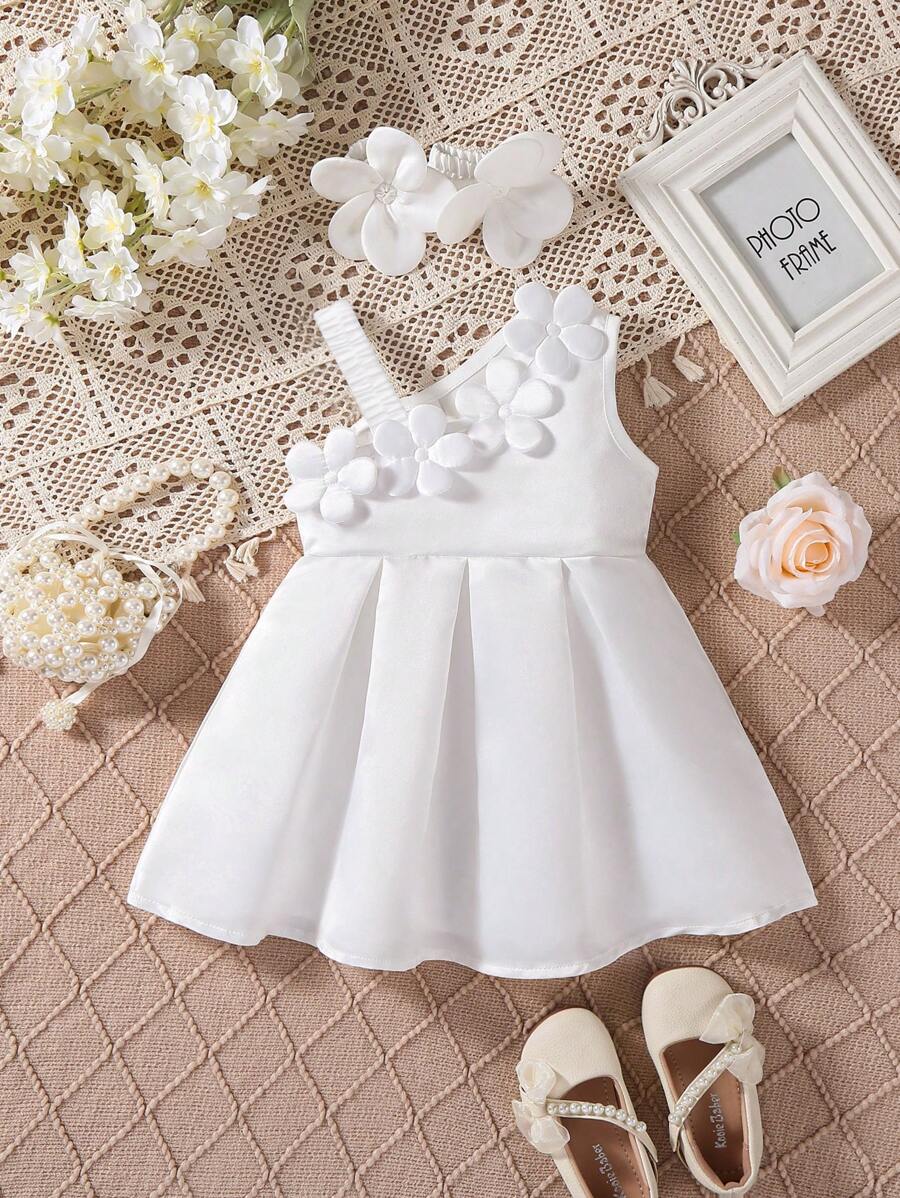 1 件装女童腰部褶皱 3D 花卉装饰派对无袖吊带背心连衣裙