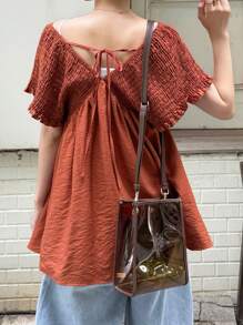 FRIFUL Shirred Drawstring Tie-Front Pleated Mid-Length Casual Versatile Button-Down Blouse For Women, Beach Vacation