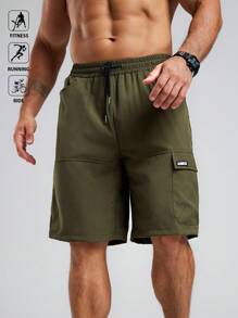 Acti Log Pantaloni scurți sport casual pentru bărbați, culoare solidă, cu talie cu șnur, vară - Verde Armată - Vizualizare 4
