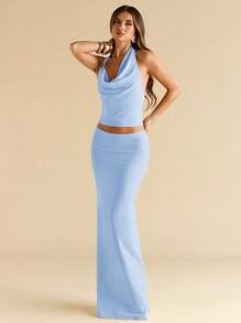 SHEIN BAE Women's Metal Decor Coffee Brown Fish Tail Fitted Knit Set With Halter - Baby Blue - View 6