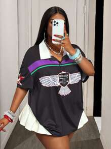 Slaydiva Spring & Summer New Casual Street & Street Sports Logo Print Colorblock Loose Shirt Collar Short Sleeve Regular T-Shirt, Plus Size - Black - View 4