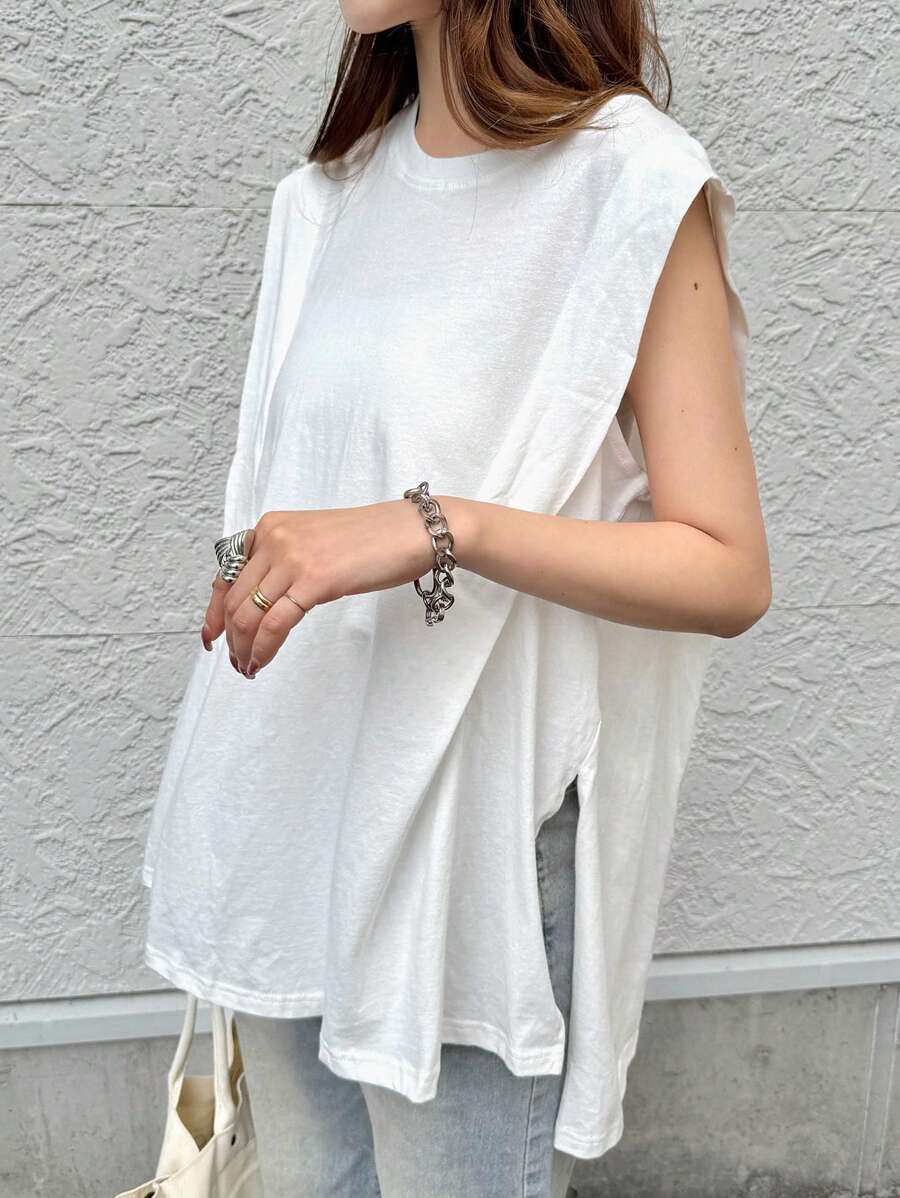 FRIFUL 女士休闲无袖开衩背心 - 白色 - 查看 1