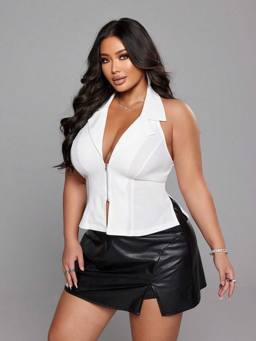 SHEIN LUNE Plus Size Women Solid Color Lapel Neck Zipper Front Waistcoat Graduation,Back To School,Teacher - White - View 1