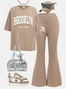 SHEIN Girlism Bộ 2 chiếc áo thun thể thao cổ tròn tay ngắn và quần ống loe cho bé gái tuổi teen - Màu Khaki - Xem 12