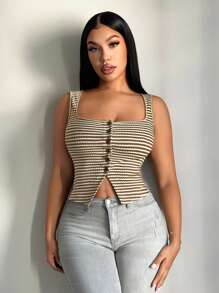 SHEIN SXY Women's Summer Casual Crochet Square Neck Striped Tank Top, Button Down Top, Striped Top, Fitted Top, Summer Tops - Multicolor - View 5