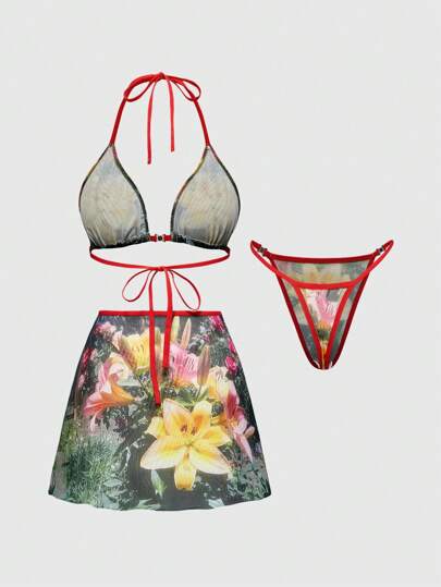 J-Fashion Conjunto de lencería sexy con estampado floral de lirio del estilo Y2K
