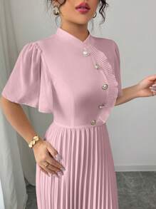 Elenzga Vestido midi de mujer elegante de manga corta con vuelo en el bajo y corte evasé - Rosa - Ver 3