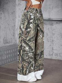 SHEIN ICON 女士时尚树枝印花阔腿牛仔裤 - 彩色 - 查看 5