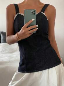 Livesso Women's Summer Lace Patchwork Decor Spaghetti Strap Cami Crop Top - Blue - View 4