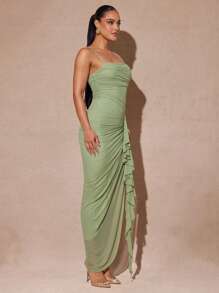 Silquee 夏季优雅浪漫绿色飘逸荷叶边开衩长裙和优雅女士蕾丝紧身派对礼服，适合情人节、约会之夜，鼠尾草绿 - 綠色 - 查看 5