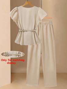 GlowEve 优雅通勤纯色短袖上衣和裤子套装 - 杏色 - 查看 2