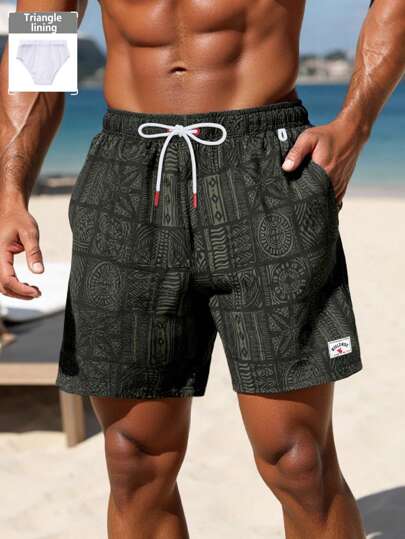 Manfinity Swimmode Shorts de praia masculinos com estampa de palmeira e cordão na cintura e bolso