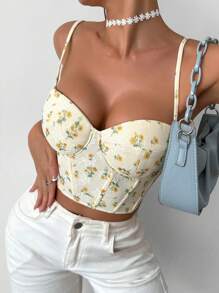 VaVaBold 夏季假日花卉印花蕾丝紧身胸衣鱼骨结构修身吊带背心图案 T 恤女式上衣