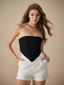 SHEIN Essnce 女士性感纯色露背短款牛仔背心，夏季 - 黑色 - 查看 3