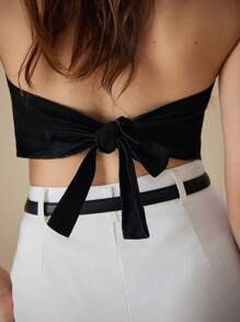 SHEIN Essnce 女士性感纯色露背短款牛仔背心，夏季 - 黑色 - 查看 7