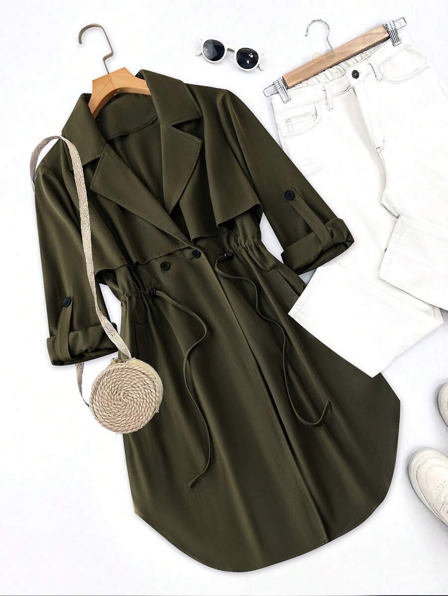 Calvaya Plus Size Solid Color Cinched Waist Women's Trench Coat - Army Green - View 1