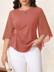 Reflora Blusa de manga acampanada, de cintura ceñida y unicolor elegante para tallas grandes