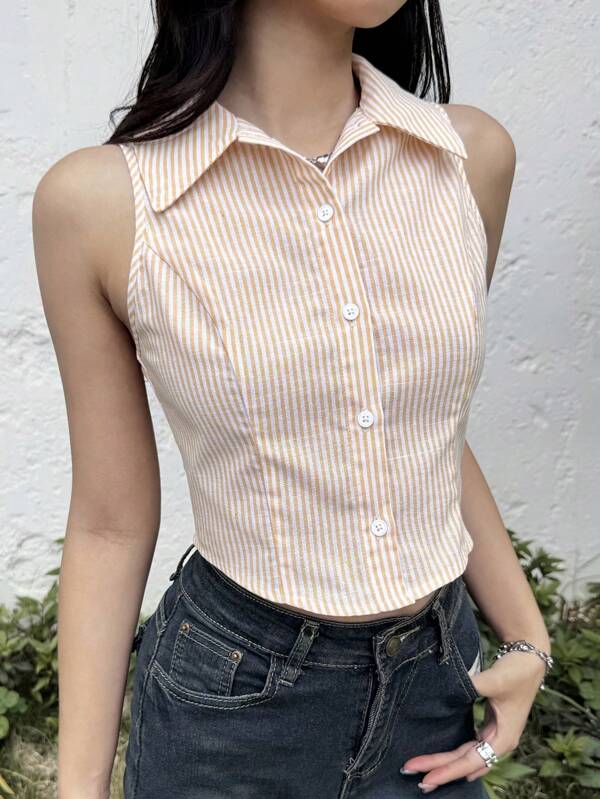 SHEIN Camisa justa listrada, casual, minimalista, confortável, com gola, sem mangas, cortada, para adolescentes