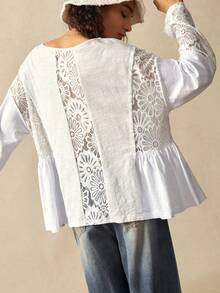 Bohemela 休闲纯色针织蕾丝花边V领落肩长袖女式上衣 - 白色 - 查看 4