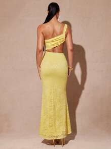 Silquee Women's Cream Yellow Sexy Hollow Asymmetric Neckline, Ribbon Dress, Vacation, Women's Vacation Wear, Beach Vacation Wear, Women's Vacation Wear - Yellow - View 2